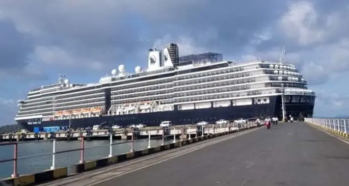 The Westerdam cruise ship docks at southwest Cambodia's seaport of Sihanoukville on Feb. 14, 2020. The cruise ship, which had been turned away over fears of the disease caused by the novel coronavirus, docked at Sihanoukville port on Thursday. (Photo by Li Lay/Xinhua)
