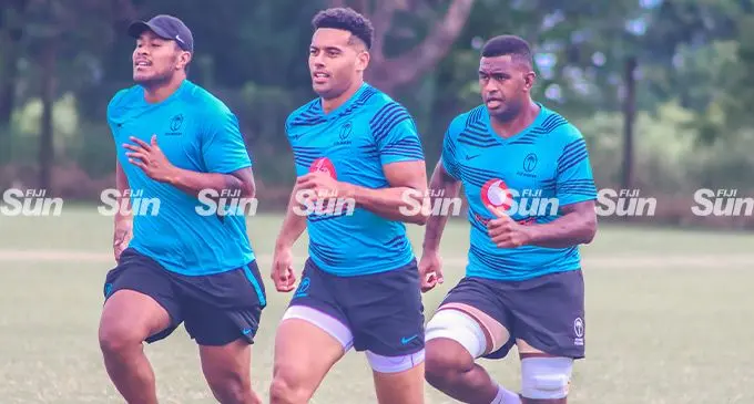 Vodafone Flying Fijians (from left) Leone Ratuisolia, Ben Volavola and Temo Mayanavanua in Lautoka on July 8, 2022. Photo: Waisea Nasokia