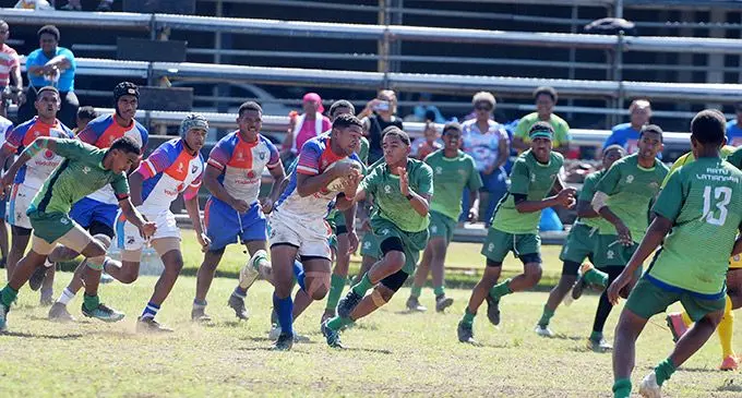 Mahatma Ghandhi Memorial School Under-17 rugby side on the attack against Ratu Latianara Secondary School in the Vodafone Deans Southern Zone’s Under-17 clash at the Marist Brothers High School ground in Flagstaff, Suva, June 24, 2023. Photo: Ronald Kumar.