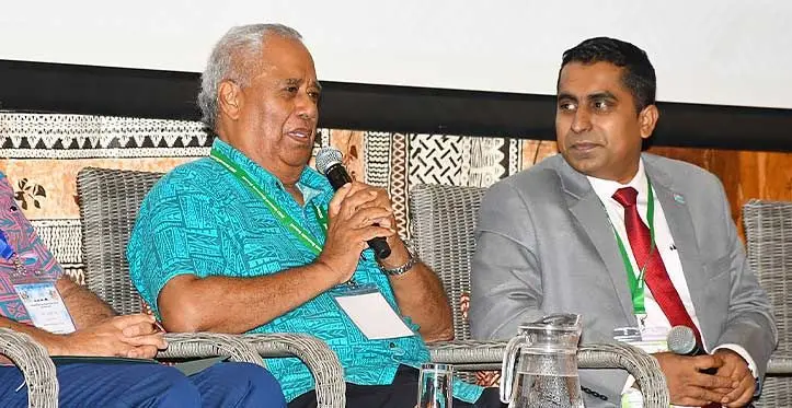 Former Reserve Bank of Fiji Governor, Savenaca Narube and Permanent Secretary for Finance, Shiri Gounder during the 2023 National Economic Summit at the Grand Pacific Hotel on April 20, 2023. Photo: DEPTFO News