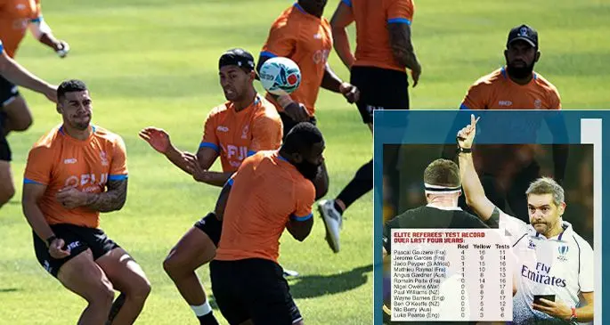 Fiji Airways Flying Fijians during a training in Miyako City, Japan, on September 23, 2019. The Flying Fijians take on Uruguay today from 5:15pm at the Kamaishi Recovery and Memorial Stadium in Kamaishi, Iwate Prefecture. Photo: Bruce Southwick/ZoomFiji INSET: French national referee Pascal Gauzere has the highest number of red cards flashed in four years.