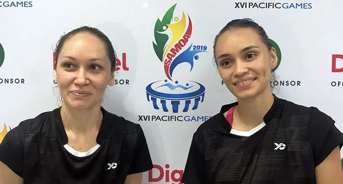 From left: Karen Gibson and Andra Whiteside during the Pacific Games in Apia, Samoa on July 8, 2019. They won the gold medal in the team event on Wednesday night. Photo: Anasilini Natoga 