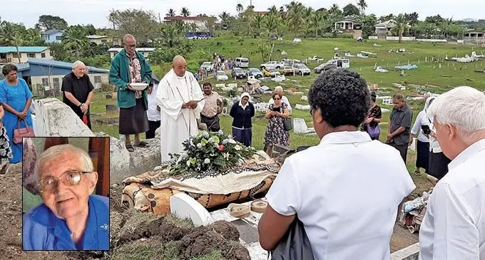 Many gathered to pay their last respects to Sister Loyola Grehan at the Balawa Cemetery in Lautoka on August 7, 2019. INSET: The late Sister Loyola Grehan.   Photo: Salote Qalubau