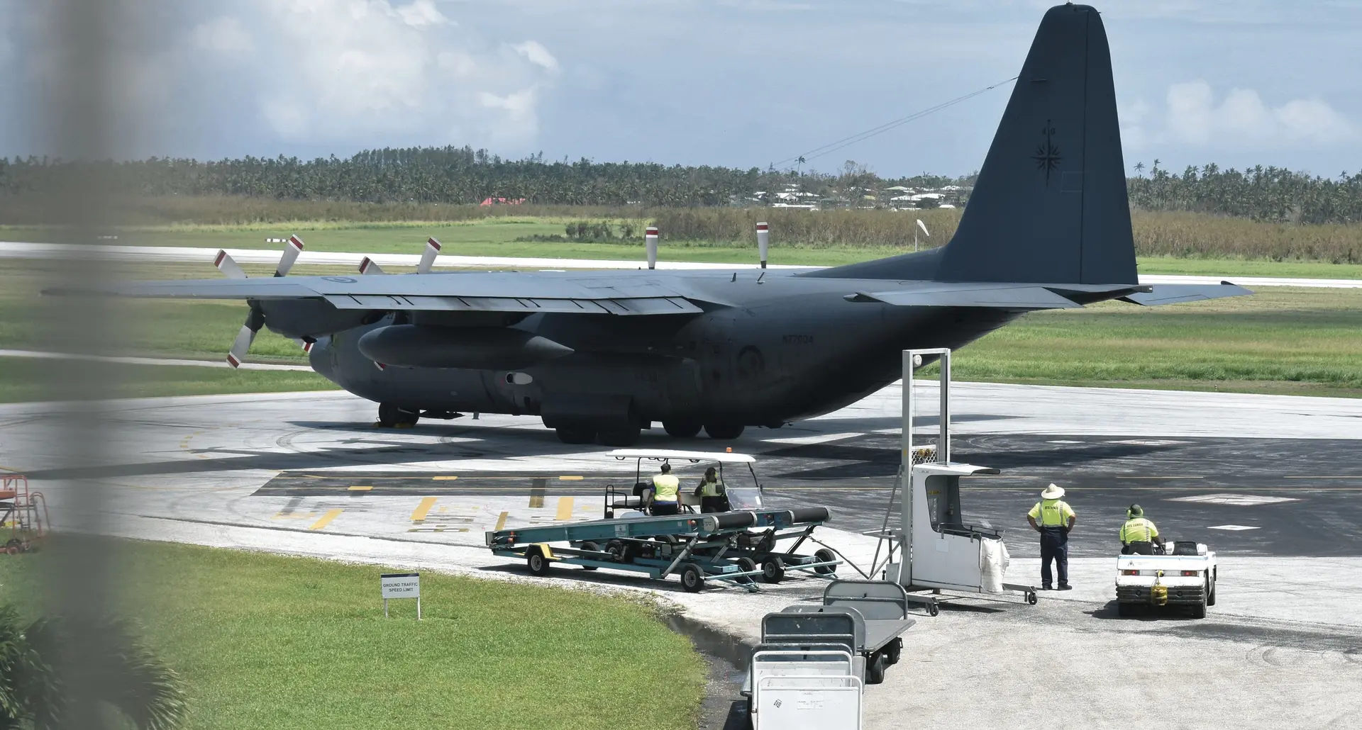 New Zealand Air Force Hercules arrives with a consignment at the Fua’amotu International Airport in Tonga on February 15, 2018. Photo: Waisea Nasokia