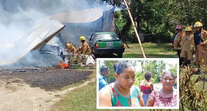 Firefighters at the fire scene at Navua. Inset: Tara Wati, right, and daughter Devika Nandani are without a home after it was destroyed on Saturday. Photos: Ronald Kumar