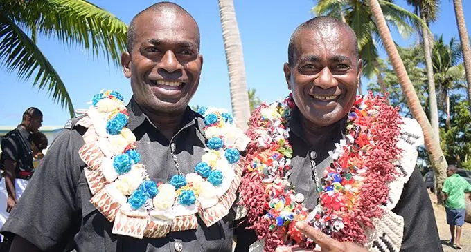Brothers Iliasa Tuimavana (left) and Sakiusa Tuimavana following the Police basic recruit passing out parade at Nasova ground on September 11, 2020.  Photo: Ronald Kumar