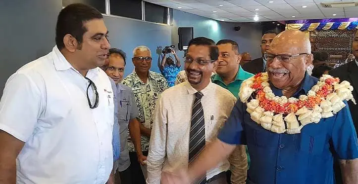 Front, from left: Rooster Chicken general manager Stanley Raniga with Ba Town Council Special administrator Anil Amin and Prime Minister Sitiveni Rabuka. Photo: Waisea Nasokia