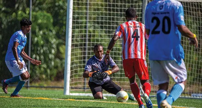 Veteran Labasa goalkeeper Simione Tamanisau makes a save against Tailevu/Naitasiri in the Digicel Fiji Premier League clash at Uprising Sports Centre in Pacific Harbour, Deuba, on April 2, 2023. Photo: Leon Lord