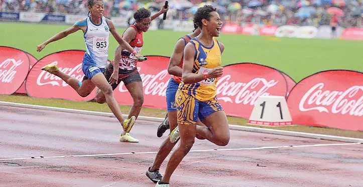 Claudie David of Suva Grammar School wins the intermediate girls 4x100m final at the HFC Bank Stadium, Suva, on April 29, 2023. Photo: Ronald Kumar