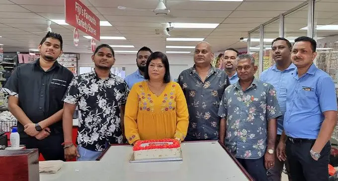 From left: Bargain Box director Rohil Roy, director Rahil Roy, audit Shivam Mudliar, director Rita Roy, director Ratish Roy, audit Ashnil Chand, Chandar Narayan, audit Dennis Narayan and branch manager Nitesh Chand at the opening yesterday. Photo: Sosiveta Korobiau