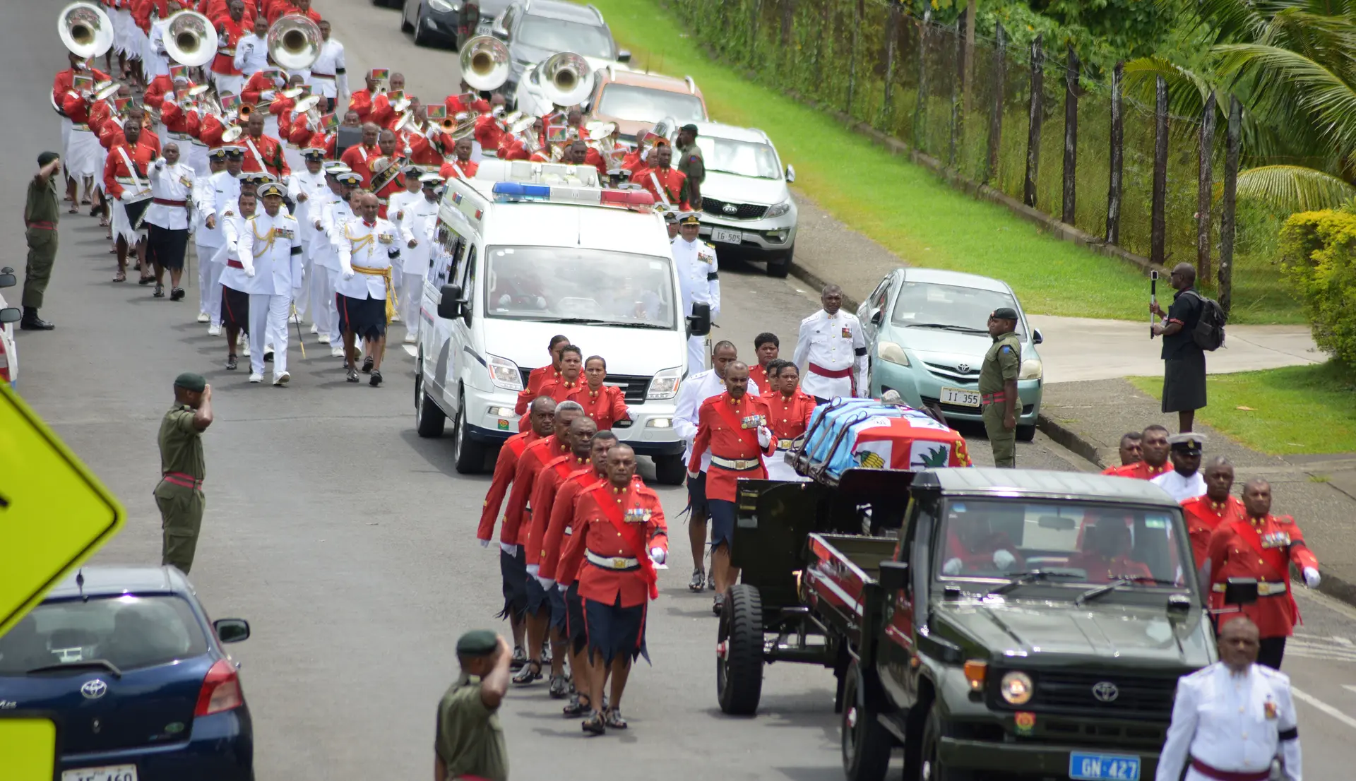 Republic of Fiji Military Force personnel escorted the casket of former Commander of RFMF late Col. Paul Manueli from Miot Hospital in Army Street to Brown Street and to the junction of Rewa Street on February 28, 2019. Photo: Ronald Kumar.