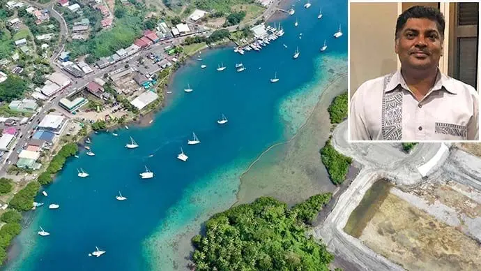 An aerial view of the waterfront at Savusavu (left) eith the Nawi Island Project (right). Inset: Jitesh Patel.