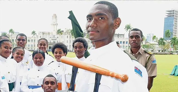 Ratu Sukuna Memorial School head boy and cadet the passing-out parade Baton of Honour winner Christopher Tawakeniqila (front right), wiih fellow students following the parade at Albert Park on August 17, 2023. Photo: Ronald Kumar