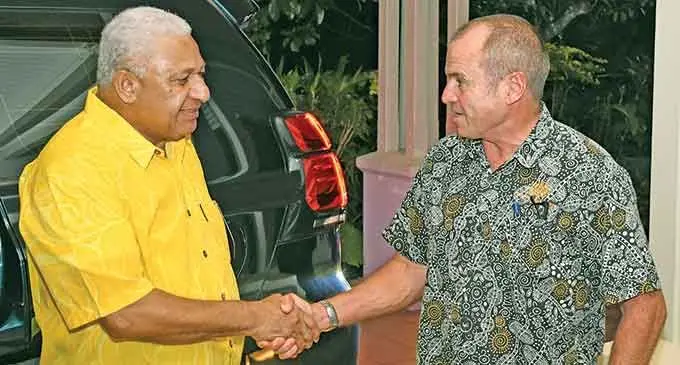 Prime Minister Voreqe Bainimarama with outgoing Australian High Commissioner John Feakes at the High Commissioner’s residence in Suva on July 28, 2022.   