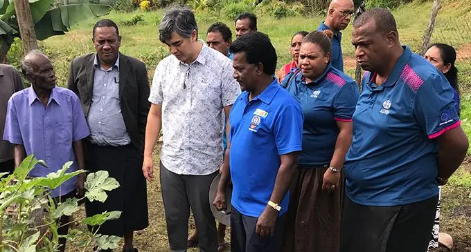 Amuk Prasad (left) with Ambassador and Head of the European Union (EU) Delegation for the Pacific, Sujiro Seam (third from left) and stakeholders at Qalewaqa in Labasa on July 15, 2020.  Photo: Shratika Naidu