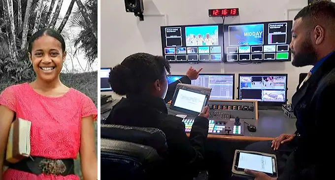 Valentine Qalowaqa at the Fiji Television studio control room with Fiji One News broadcaster and journalist Solomone Rabulu. Photo: Supplied.