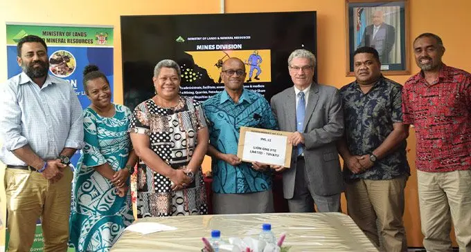 From left: Acting Director for Mineral Resources Department Raymond Mohammed, Acting Manager Mines Unaisi Rawakela, Permanent Secretary Raijeli Taga, Minister for Lands and Mineral Resources Jone Usamate, Lion One Chief Operating Officer Patrick Hickey, Legal Officer Eparama Musuvanua and Mining Manager Sakiusa Waqanisa after the handover on July 14, 2022. Photo: Ministry of Lands and Miniral Resources