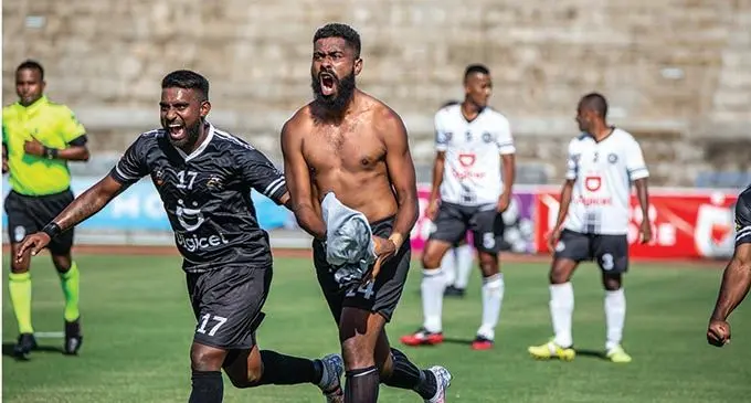 Ba striker Samuela Drudru takes off his shirt to celebrate his goal along with team-mate Narend Rao in the Digicel Premier League clash at the ANZ Stadium, Suva, on October 24, 2021. Ba beat Suva 2-1. Photo: Leon Lord