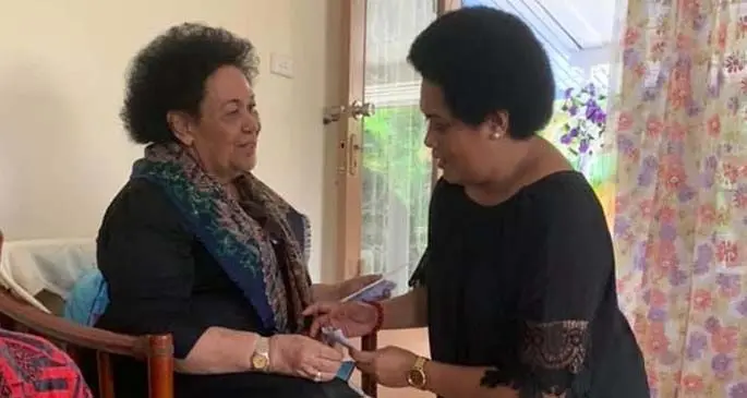 The wife of former Prime Minister Laisenia Qarase, Leba Qarase is consoled by Sainiana Radrodro, who was part of the Vanua o Naitasiri delegation visited the Qarase family in Suva on April 25, 2020.