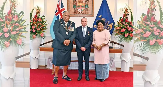 President Ratu Wiliame Katonivere, High Commissioner of Australia to Fiji, John Feakes and First Lady Filomena Katonivere after the medal presentation ceremony on July 22, 2022. Photo: DEPTFO News