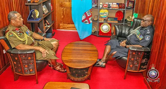 From left: Republic of Fiji Military Forces Commander Major-General Ro Jone Kalouniwai, and Commissioner of Police, Rusiate Tudravu during their meeting last Friday at the RFMF Headquarters in Suva. Photo: Police Media Cell
