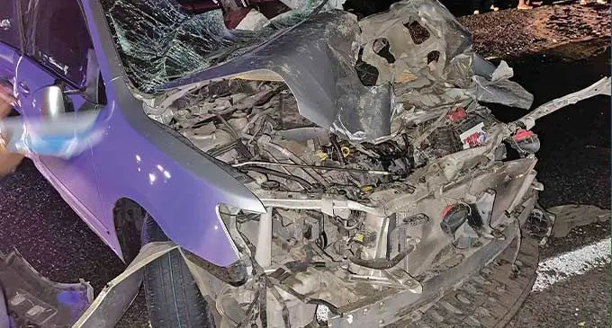 One of the vehicles involved in the three vehicle collision at the Emuri junction near Vatudradra in Sigatoka on February 20, 2024. Photo: Fiji Police Force 12- wheeler cargo truck veered off the road about 200 metres down a steep slope. The firefighters found and rescued the driver trapped inside the truck.