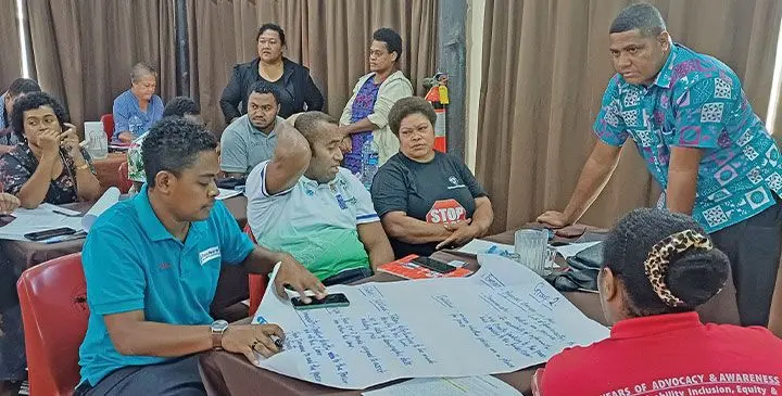 Live and Learn Fiji gender and resilience officer Joseva Ravula (standing, right) with the participants during a training held at the Friendly North Inn in Labasa on March 12, 2025. Photo: Shratika Naidu