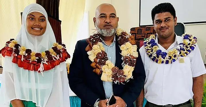 From left: Kamil Muslim College head girl Saleha Tasmiyah, Lautoka City Council chief executive officer Mohammed Anees Khan and head boy Avishal Avneet Gounder on February 22, 2023 in Ba