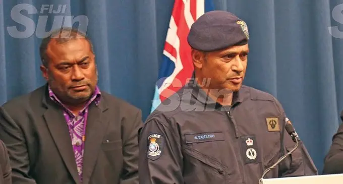 Minister for Health and Medical Services, Dr Ifereimi Waqainabete (left), and Commissioner of Police, Brigadier-General Sitiveni Qiliho, at the Office of the Prime Minister in Suva on March 21, 2020. Photo: Inoke Rabonu