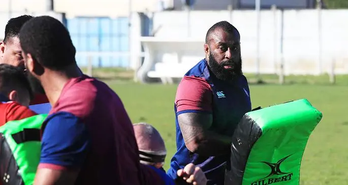 Fiji Airways Flying Fijians prop Peni Ravai back training with Bordeaux as they prepare for the Top 14 competition. His Flying Fijian team-mate Tevita Ratuva (back to camera). Photo: UBB