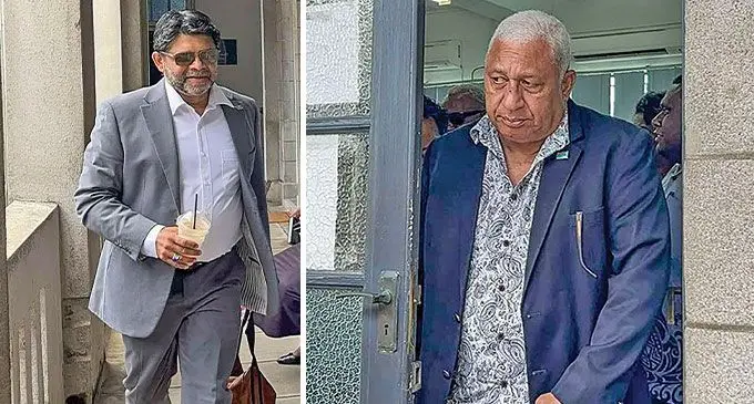 Former Attorney-General Aiyaz Sayed-Khaiyum and Former Prime Minister Voreqe Bainimarama at the Suva Magistrate’s Court on January 23, 2025. Photo: Beranadeta Nagatalevu