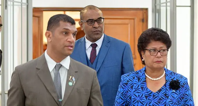 Opposition Members of Parliament Aseri Radrodro (from left), Dr. Ratu Atonio Lalabalavu and Salote Radrodro outside Parliament on June 19, 2019. Photo: Ronald Kumar.