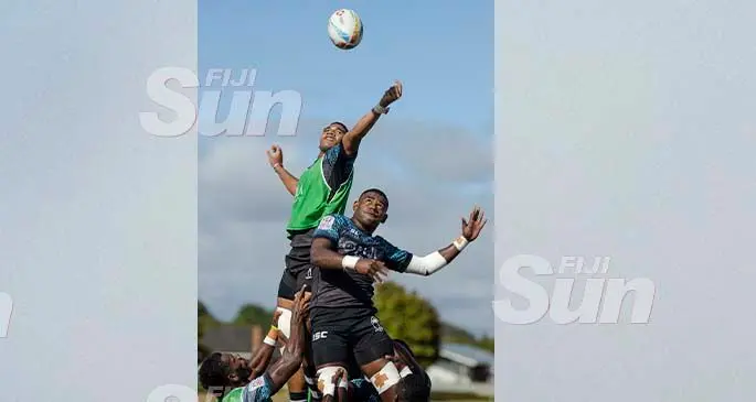 Reach for the sky... Fiji Airways Fijian 7s co-captain Meli Derenalagi and Apenisa Cakaubalavu battle in the lineout while Kavekini Tabu looks on during training at the Fraser Tech Rugby Club ground in Hamilton, New Zealand on January 24, 2020. Photo: Bruce Southwick/ Zoom Fiji