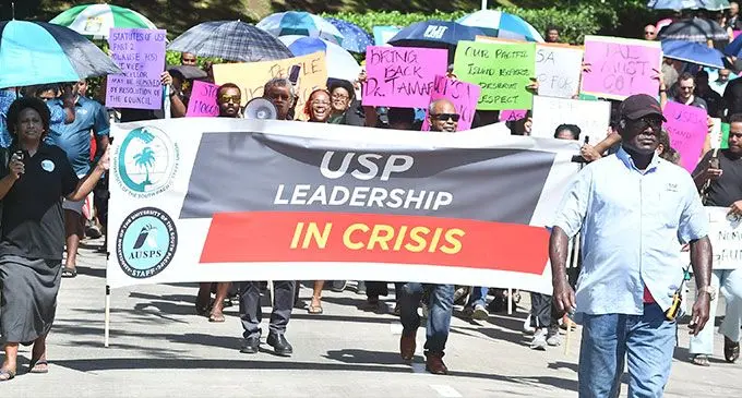 University of the South Pacific staff and students with their demands during the strike at Laucala campus on October 18, 2024. Photo: Ronald Kumar