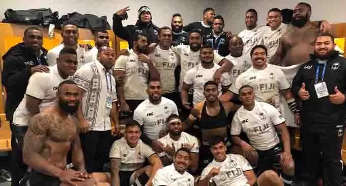 Fiji Airways Flying Fijians players and officials in their dressing room after the 21-14 win over France at the Stade de France, Paris on November 25, 2018. Photo: Mesulame Dolokoto