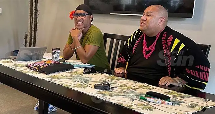 From left: Established designers Robert Verebasaga and Samson Lee during the Wearing Fiji 2021 Fashion Project student designer mentorship workshop at Weta Coffee shop in Suva on February 6, 2021. Photo: Maraia Vula