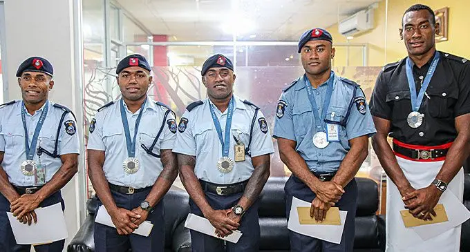 Team Fiji 7s silver medalists from left: Terio Tamani, Waisea Nacuqu, Filipe Sauturaga, Jerry Matana and Joseva Talacolo. Photo: Police Media Cell