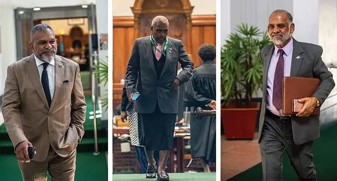 From left: Opposition Member of Parliament Faiyaz Koya, Attorney-General Siromi Turaga and Minister for Employment, Productivity and Industrial Relations Agni Deo Singh in Parliament on April 3, 2023. Photos: Leon Lord