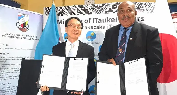 (L-R))The Ambassador of Japan to the Republic of Fiji, Kawakami Fumihiro with Minister of iTaukei Affairs, Culture, Heritage and Arts Ifereimi Vasu at the Ministry of iTaukei headquarters in Nasese, during the contract signing ceremony at Suva on Friday February10, 2023.