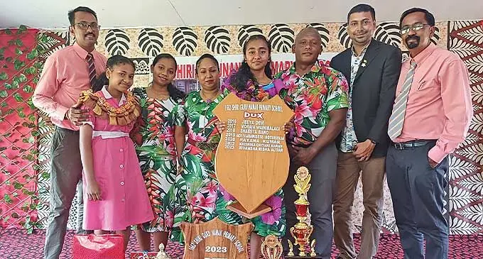 Dux of Shiri Guru Nanak Khalsa Primary School Rivansha Autar with her family, teachers and guests during the school’s prizegiving in Labasa on December 5, 2023.