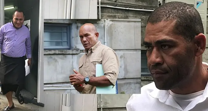 Waisake Tabualevu, Taniela Samutitoga and Jijilia Vosataki outside the Magistrates Court in Suva on September 30, 2019. Photo: Kelera Sovasiga