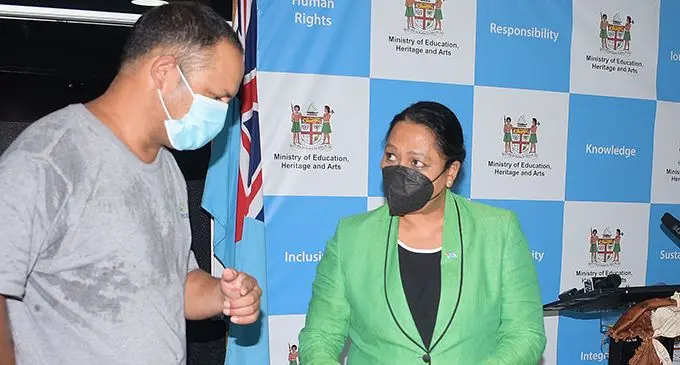 Minister for Education, Heritage and Arts Premila Kumar with Fiji Chemicals during the handover on November 25, 2021. Photo: Ronald Kumar