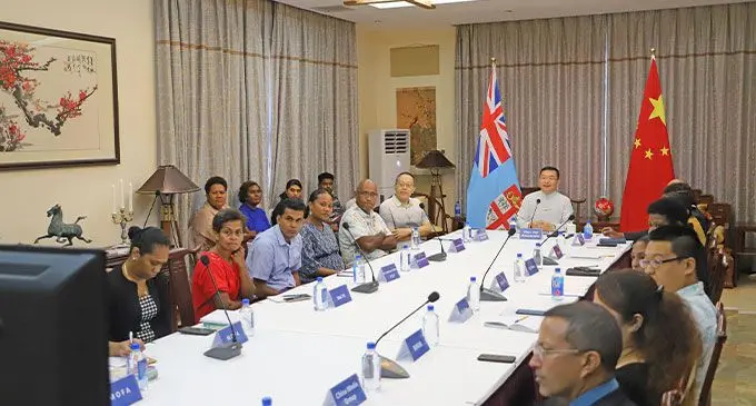 China’s Ambassador to Fiji, Zhou Jian, middle, briefs members of the Fijian media in Suva yesterday. Photo: Embassy of the People’s Republic of China