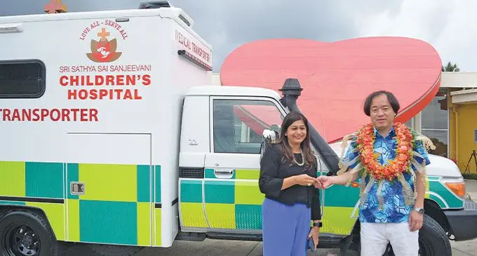 Japan Embassy chargé d’affaires ad interim, Kenichiro Tanaka handover the FJ$250,000 ambulance to Sai Sanjeevani’s medical director Dr Krupali Tappoo on March 23, 2023. Photo: Ronald Kumar