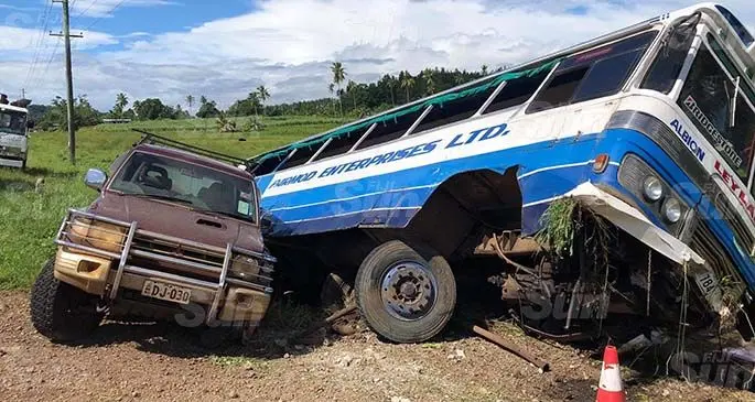 The bus in the ditch after accident on April 3, 2020 at Tabia, outside Labasa Town. Photo: Shratika Naidu