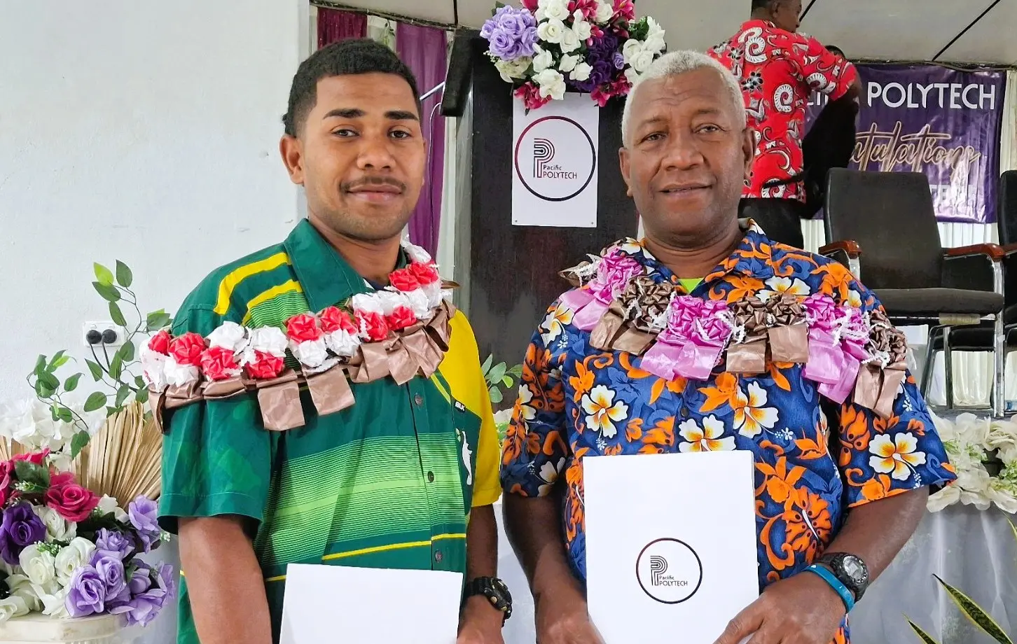 Sakiusa Sakaraia Maivuinadi (left) with his father, Kositino Peceli, at the Civic Centre in Labasa on July 30, 2026. Photo: Devisha Prakash