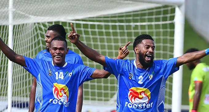 Sairusi Nalauba and Epelio Leiroti of Lautoka celebrate his fourth goal against Rewa during BOG semi final at HFC Bank Stadium on August 3; 2024 . Photo: Ronald Kumar.