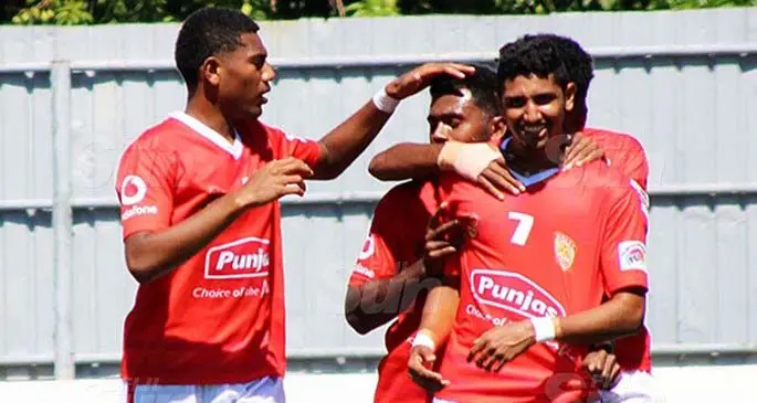Rewa’s Anish Khem (7) celebrates his goal against Navua during pool play of the Punjas Battle of the Giants tournament at Churchill Park, Lautoka, on August 9,2020. Photo: Waisea Nasokia