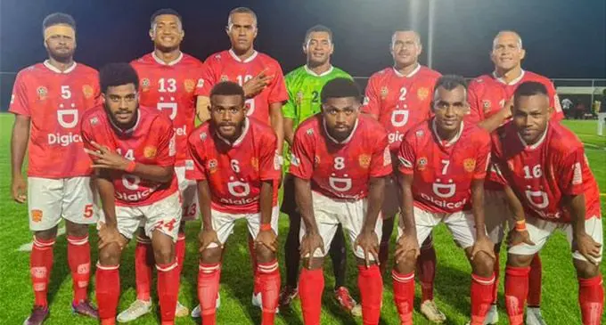 Rewa football team: Back, from left; Patrick Joseph, Peter Ravitisai, Gabrieli Matanisiga, Emori Ragata, Peniame Drova, Tevita Waqanaivalu: Front, from left: Josaia Sela, Alvin Hou, Setareki Hughes, Abbu Zahid, Kavaia Rawaqa on March 3, 2023. Photo: Fiji FA Media.