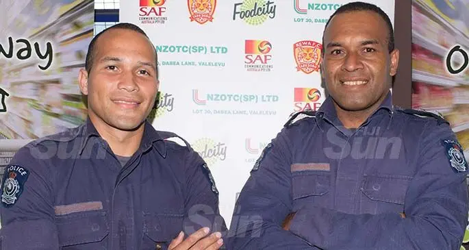 Delta One Automotive Rewa football striker (left) Police Special Response Unit Constable. Tevita Waranaivalu and Inspector. Simione Tamanisau are ready for the BOG. Photo: Ronald Kumar